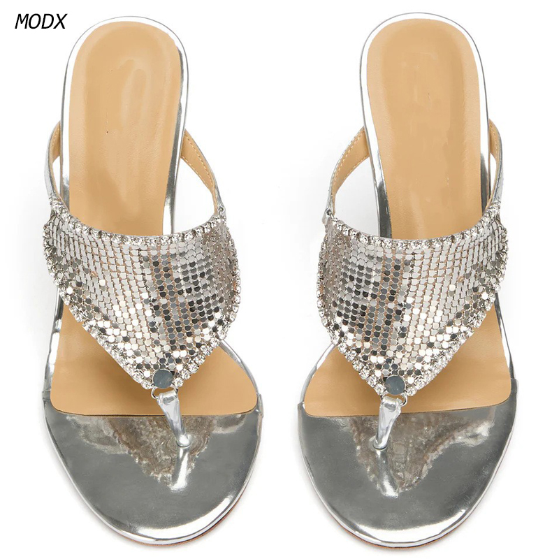 Thong Flat Sandal - Women Silver Metallic Thong Mules Sequins